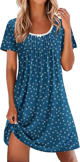 Ekouaer Nightgowns for Women Pleated Sleep Shirts Short Sleeve Night Shirts Lace Trim Night Gown Ladies Sleep Dress