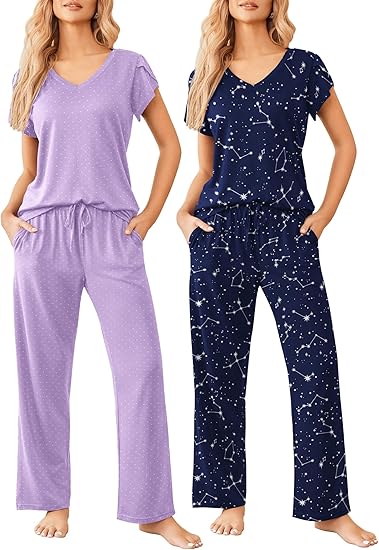 Ekouaer 2 Pack Womens Pajamas Short Sleeve Sleepwear Top with Pants Super-Soft Printed Lounge Sets