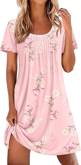 Ekouaer Nightgowns for Women Pleated Sleep Shirts Short Sleeve Night Shirts Lace Trim Night Gown Ladies Sleep Dress