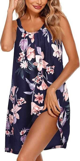 Ekouaer Women's Nightgown Sleeveless Sleepwear Wide Strap Sleep Shirt Pleated Scoopneck Nightshirt