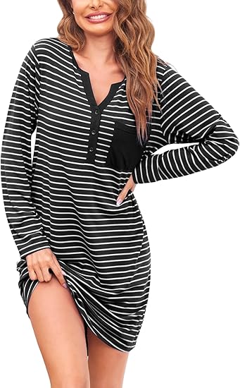 Ekouaer Women's Nightshirt Long Sleeve Button Down Nightgown V-Neck Sleepwear Casual Pajama Dress