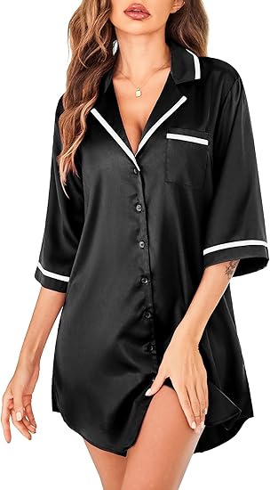 Ekouaer Women's Satin Nightshirt Button Down Nightgown 3/4 Sleeve Sleeptshirt with Pockets V Neck Boyfriend Sleepwear
