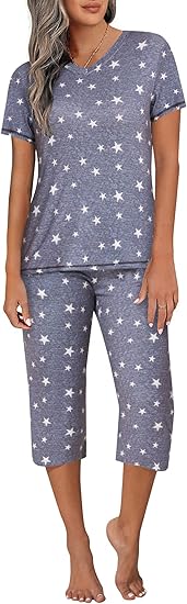 Ekouaer Women's Sleepwear Capri Pajama Sets Short Sleeve Two-Piece Pjs V Neck Tops & Capri Pants with Pockets