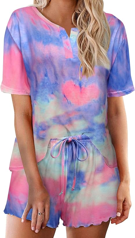 Ekouaer Tie Dye Pajamas Set Womens Loungewear Sleepwear 2 Piece PJ Sets