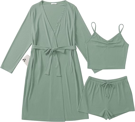 Ekouaer Rib Knit Pajamas Set for Women 3 Piece Lounge Sets Soft Cami and Shorts Pjs with Cardigan Loungewear