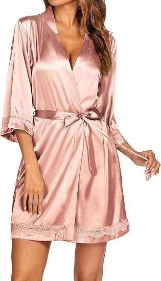 Ekouaer Women's Lace-Trim Silk Robes Bride Bridesmaid Satin Bathrobe V Neck Sleepwear with 3/4 Sleeve
