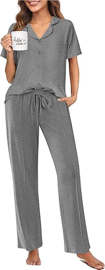 Ekouaer Pajamas for Women Set Button Up Sleepswear 2 Piece Short Sleeve PJ Top and Long Pants Loungwear With Pocket