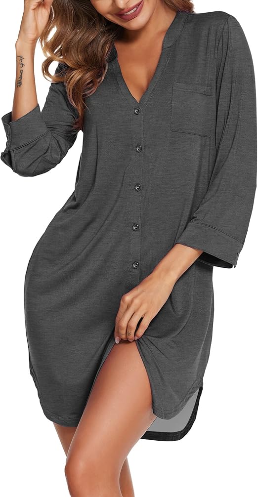 Ekouaer Women's Nightgown V Neck Striped Button Down Sleepwear 3/4 Sleeves Nightshirts Soft Button Sleep Dress