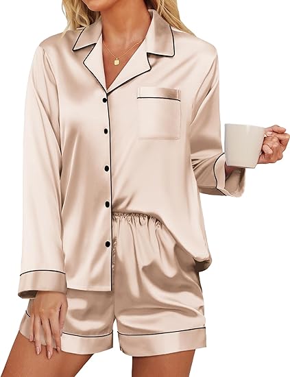 Ekouaer Satin Pajama Set for Women Button Down Pj Set Long Sleeve Top and Shorts 2 Piece Loungewear Summer Soft Sleepwear