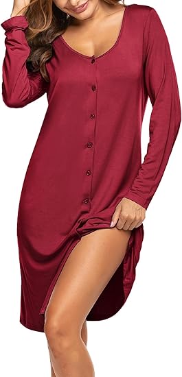 Ekouaer Button Down Nightgown for Women Long Sleeve Sleepwear V Neck Nightshirt Boyfriend Pajama Dress Sleep Dress
