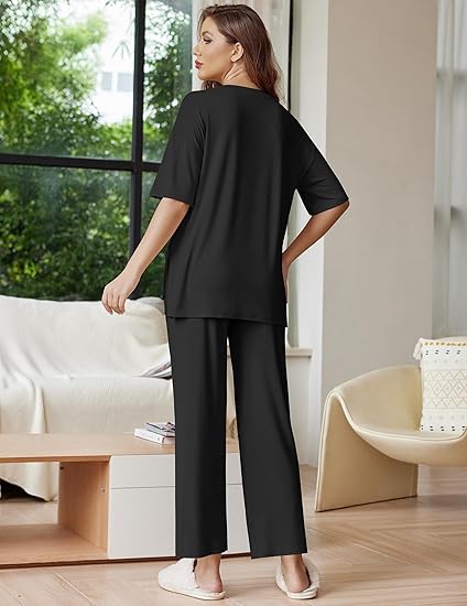 Ekouaer Lounge Sets for Women Short Sleeve Tops and Long Pants Soft Comfy Pajamas Set 2 Piece Outfits S-XXL