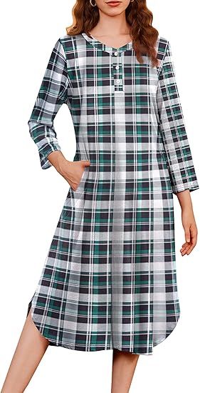 Ekouaer Womens Long Nightgowns Plaid Sleepwear Soft Loose Nightshirt 3/4 Sleeve Plus Size Housecoat with Button & Pockets