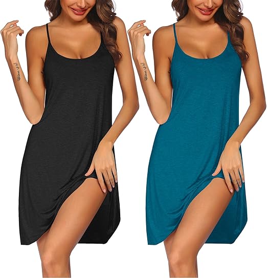Ekouaer 2 Pack Nightgown for Womens Nightshirt Sleepwear Sleep Tank Chemise Racerback Sleeveless Dress