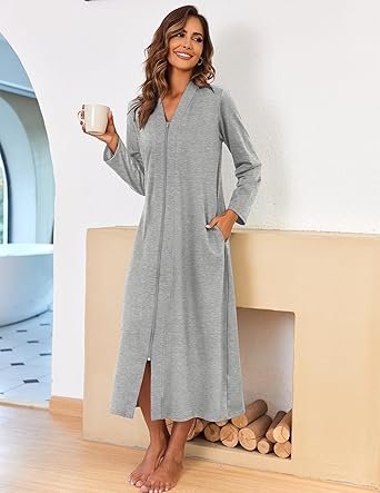 Ekouaer Women Zipper Robe Long Sleeve Loungewear Lightweight Housecoat Full Length Nightgown with Pockets