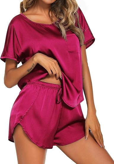 Ekouaer Women Satin Pajama Set Short Sleeve Lightweight Silk Pajama Set 2 Piece Lounge Sets with Shorts
