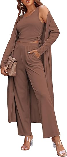 Ekouaer Women's 3 Piece Lounge Set Pajama Long Sleeve Cardigan Sleeveless Top Pants Sweatsuit