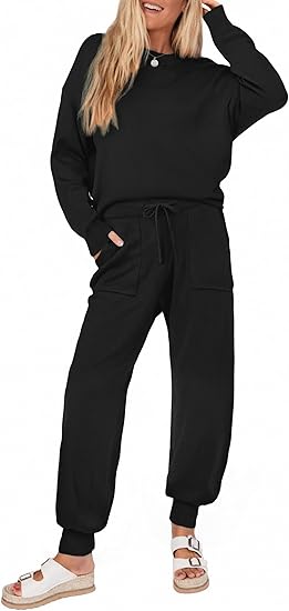 Ekouaer Women's 2 Piece Lounge Set Long Sleeve Knit Pajamas Sweatsuit Jogger Pant Outfits With Pockets