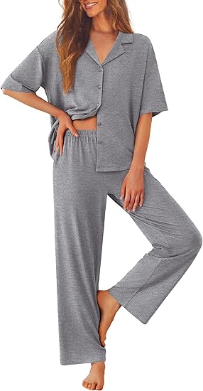 Ekouaer Women Pajamas Set Button Down Sleepwear Short Sleeve Pjs Soft Comfy Nightwear with Long Pants