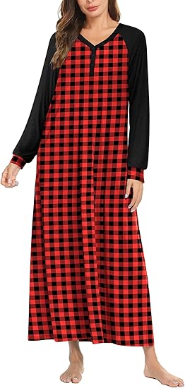 Ekouaer Nightgown Long Sleeve for Women Sleepwear V Neck Loungewear Button Full Length Nightshirt
