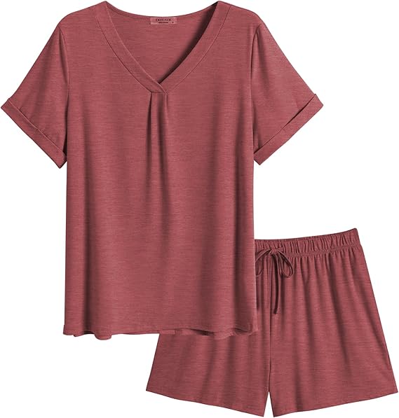 Ekouaer Pajamas Set Women's Short Sleeve 2 Piece PJ Sets V Neck Comfy Sleepwear Loungewear with Pockets