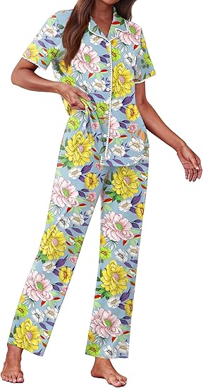 Ekouaer Women's Pajama Sets Button Down Loungewear Short Sleeve Sleepwear 2 Piece Pants Pjs Set with Pockets