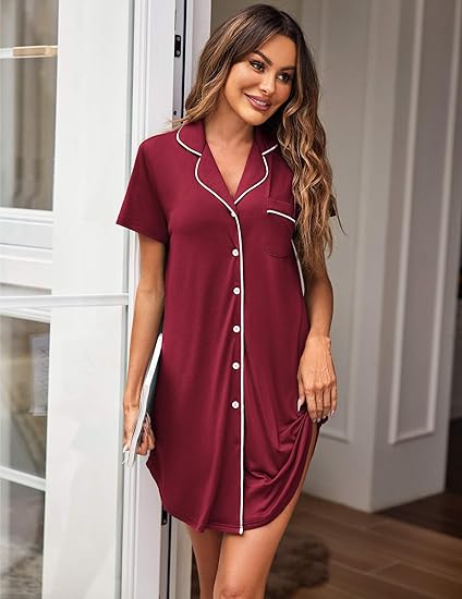 Ekouaer Womens Nightgown Button Down Sleepshirts Short Sleeve Sleepwear Boyfriend Nightshirts Pajama Dress