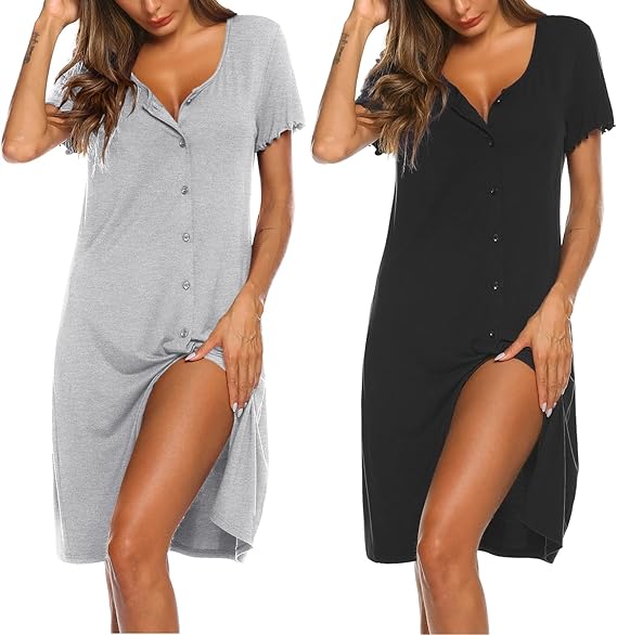 Ekouaer 3 Pack Women's Button Down Nightgowns Short Sleeve Night Shirts for Women Sleepwear V Neck Sleep Dress