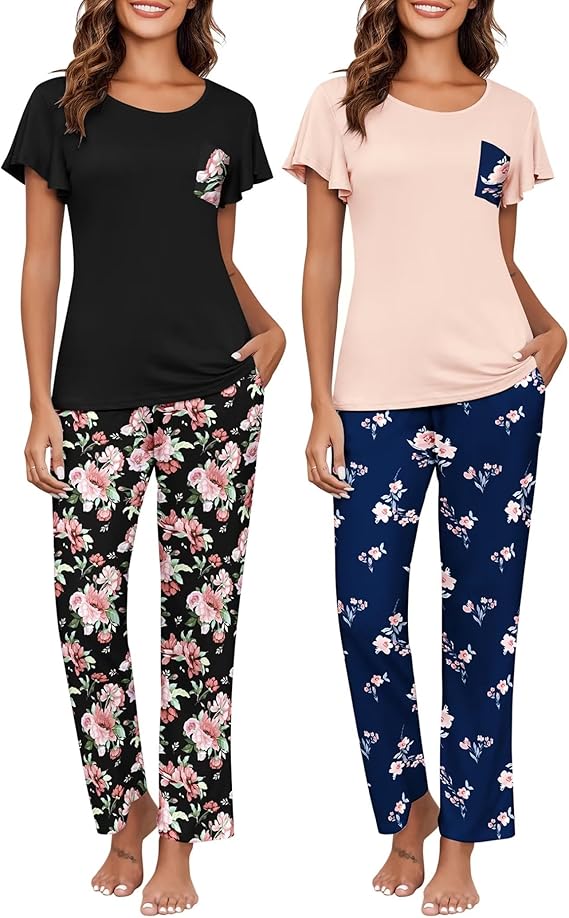 Ekouaer 2 Pack Womens Pajama Sets Short Sleeve with Long Pajama Pant Set Soft Sleepwear Printed Pj Lounge Sets with Pockets
