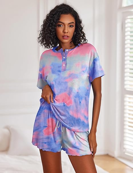 Ekouaer Tie Dye Pajamas Set Womens Loungewear Sleepwear 2 Piece PJ Sets