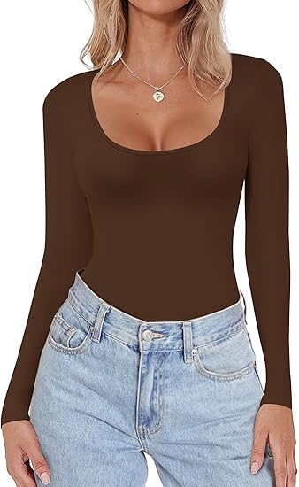 Ekouaer Women Long Sleeve Shirt Scoop Neck Tops Slim Fit Basic Top Thermal Undershirts Base Layer Tee