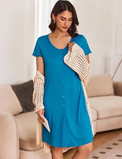 Ekouaer 3 Pack Women's Button Down Nightgowns Short Sleeve Night Shirts for Women Sleepwear V Neck Sleep Dress