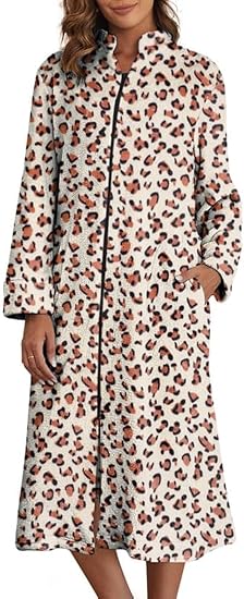 Ekouaer Women's Zip Up Robe Fleece Bathrobe Long Zipper Lounger Warm Housecoat Long Sleeve Nightgown with Pockets