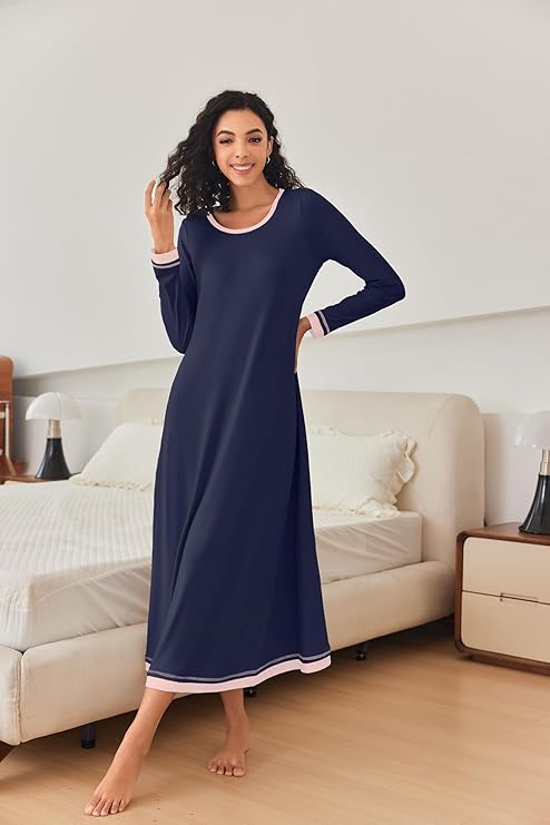 Ekouaer Nightgown Women Long Sleeve Sleepwear Full Length Long Nightshirt Soft Loungewear