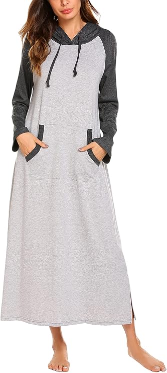 Ekouaer Nightgowns for Women Cotton Nightgown Long Sleeve Hooded Night Gown Contrast Color Full Length Loungewear with Pocket