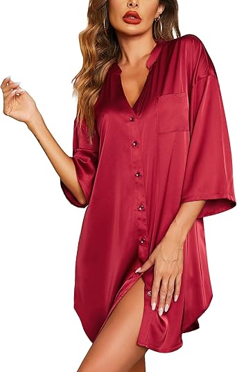 Ekouaer Satin Nightgowns for Women Silk Sleepwear Button Down Sleepshirt 3/4 Sleeve V-Neck Nightshirts with Pockets