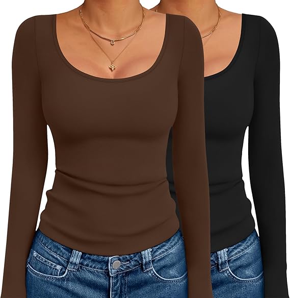 Ekouaer 2 Pack Long Sleeve Shirts for Womens Scoop Neck Tops Slim Fit Undershirts Basic Thermal Tee Shirt