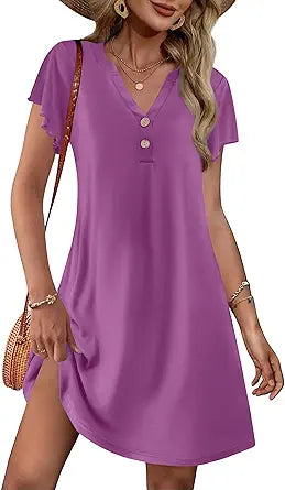 Ekouaer Women's Nightgown Short Flare Sleeve Sleepshirt V-Neck Sleepwear Soft Nightshirt Pajama Dress
