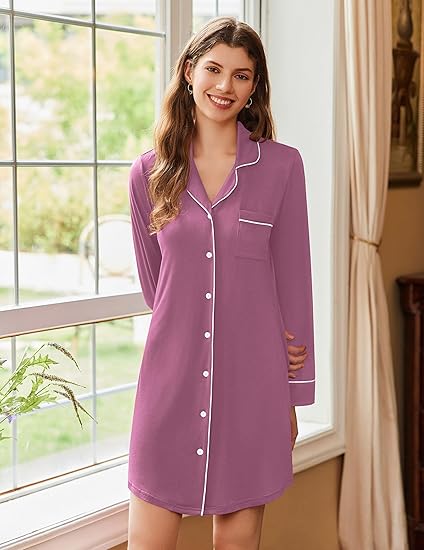 Ekouaer Nightgowns for Women Long Sleeve Nightshirt Button Down Sleepshirt Nightdress Boyfriend Sleepwear