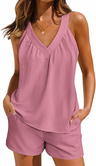 Ekouaer Lounge Sets for Women 2 Piece Summer Pajamas Tank Top Shorts Set Comfy Loungewear Cute Beach Vacation Outfits
