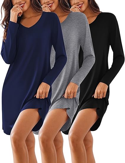 Ekouaer 3 Pack Women's Nightgowns Long Sleeve Sleep Shirts Comfy Soft Nightshirt Women Pajama Sleep Dress Cute Sleepwear