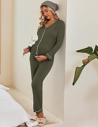 Ekouaer Maternity Pajama Set Button Down Nursing Pajamas Long Sleeve Breastfeeding Loungewear with Adjustable Pants