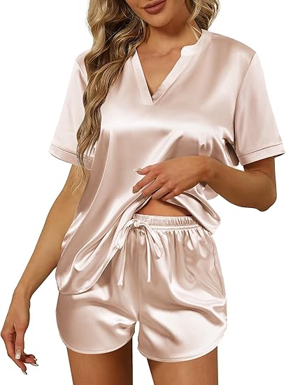 Ekouaer Silk Pajamas for Women Short Sleeve Satin Sleepwear Two-piece Pjs Set Soft V Neck Loungewear
