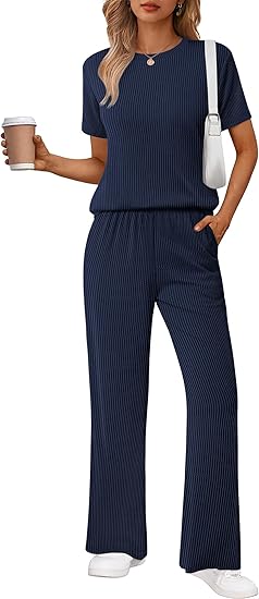 Ekouaer Lounge Sets for Women 2 Piece Matching Travel Outfits 2026 Loose Short Sleeve Top Wide Leg Pants Pockets