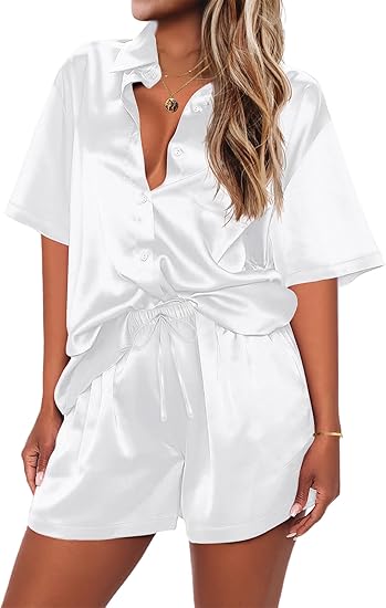 Ekouaer Pajamas for Women Silk Satin Pjs Soft Sleepwear Short Sleeve Button Down Pjs Top and Shorts 2 Piece Lounge Set