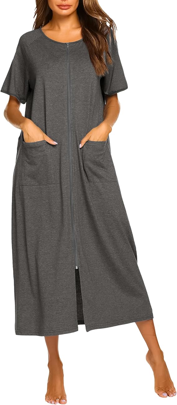 Ekouaer Women Robes Zipper Front Short Sleeve Full Length Housecoat with Pockets Loungewear