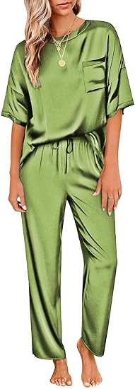 Ekouaer Womens Satin Silky Pajama Set Short Sleeve Shirt with Long Pajama Pant Set Soft PJ Loungewear