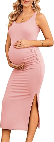 Ekouaer Women Tank Maternity Dress Sleeveless Ribbed Knit Pregnancy Dresses Round Neck Pregnant Loungewear