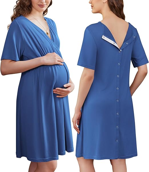 Ekouaer Labor and Delivery Gown for Hospital Short Sleeve Maternity Nursing Dress Nightgown with Button