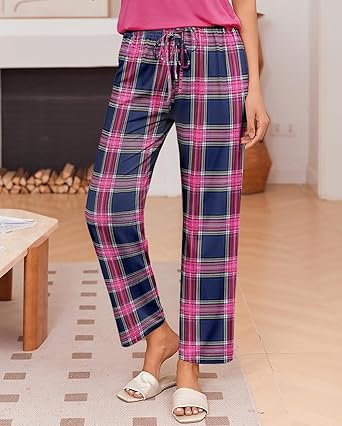 Ekouaer Pajama Sets for Women Round Neck Pjs Short Sleeve Sleepwear with Long Pants Loose Lounge Sets Black-pink Plaid XL