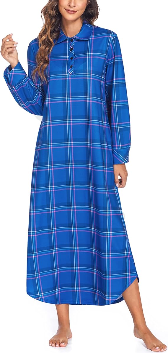 Ekouaer Women's Nightgown Long Sleeve Nightshirt Full Length Loungewear Plaid Sleepwear With Pockets